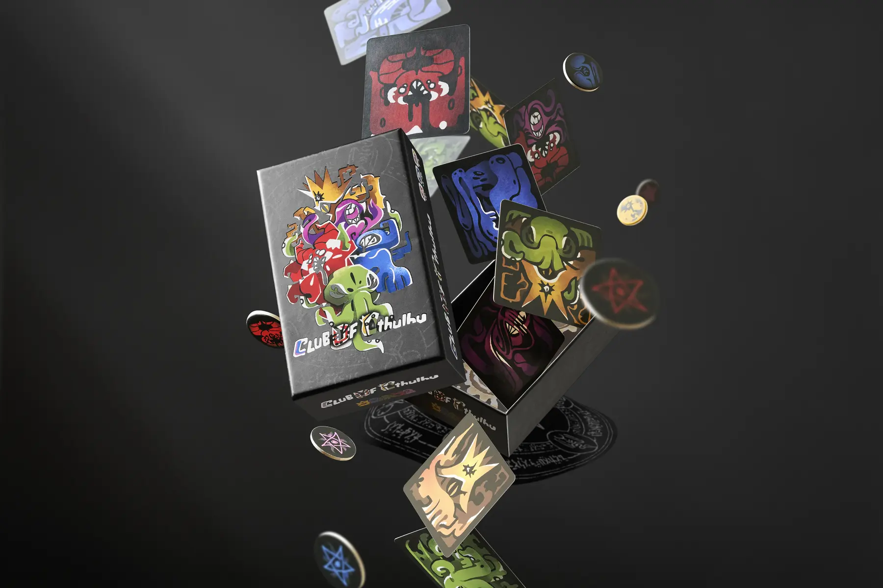 Club Of Cthulhu game box surrounded by colourful deity cards and blessing tokens