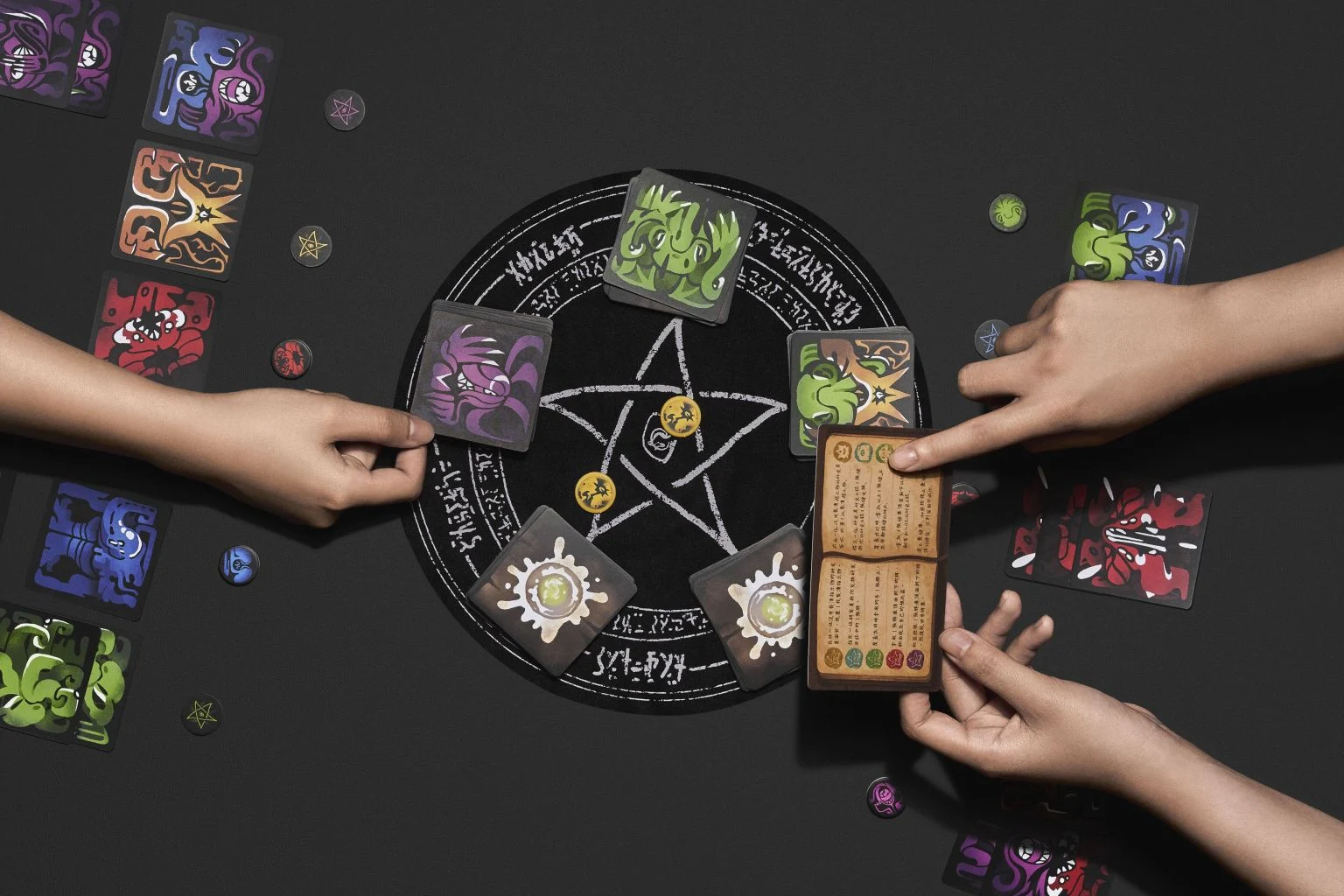 Players offering manuscript cards around the five-pointed ritual mat in Club Of Cthulhu