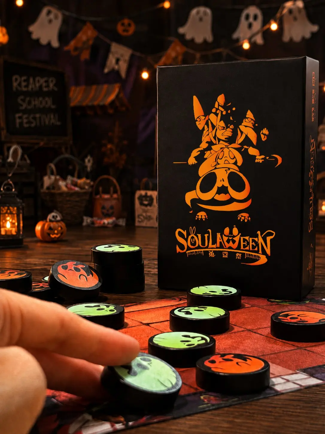 Soulaween wooden soul pieces and game box on a Halloween-inspired table